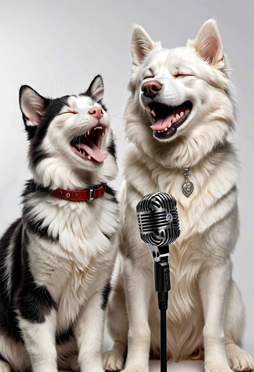 A white fluffy cat of the British breed sings a duet next to a fluffy black and white husky, they sing into the microphone together, closing their eyes in pleasure. Cat and dog are happy and cheerful, Cat and dog are singing, duet of cat and dog. Pets sing together into a microphone. amazing quality, ultra detailed, super realistic, concert, smile, singing, extremely detailed, white background, music playing, Realistic super detailed teeth, pleasure and fun. Realistic pet sizes, White cat, British cat, Husky, husky dog, husky dog singing, white cat singing, realistic details, happy pets