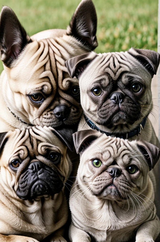 A gray cat with stripes in its fur with small green eyes and next to it a pug dog 
