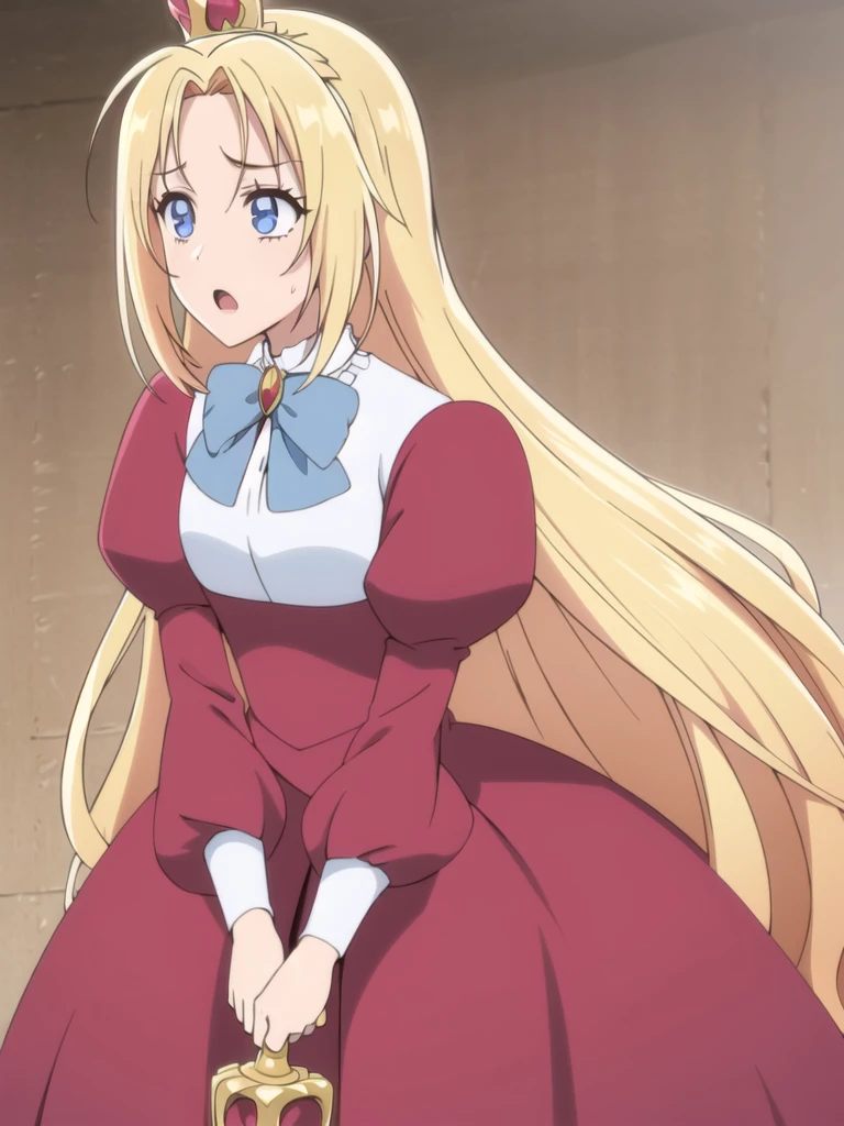 ((Best quality))), ((Ultra-detailed)), ((illustration)), ((Disheveled hair)), ((frilld)), (1 girl), (Solo),1girl, holding, looking_at_viewer, open_mouth, solo, rating:safe, black_bow, blonde_hair, blue_eyes, bow, clothing, crown, dress, female, frilled_dress, frills, hair_flaps, headwear, juliet_sleeves, long_hair, long_sleeves, makaria, :o, puffy_sleeves, red_dress, scepter, standing, wide_sleeves