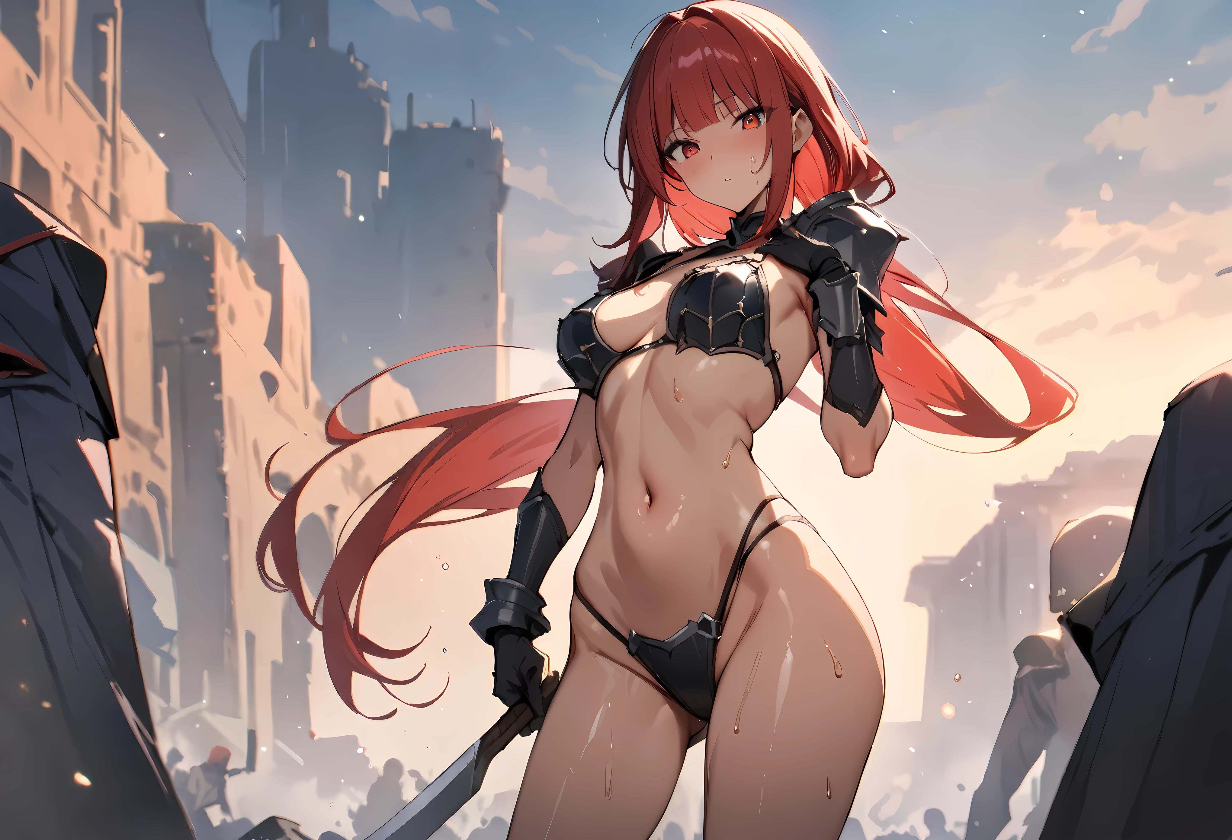 ((masterpiece,Highest quality:1.3)),cowboy shot,1woman,30 year old beauty,((very small head:1.2)),red hair,long hair,low ponytail,blunt bangs,red eyes,gorgeous eyes,medium breasts,((very long body:1.2)),((toned body,slender body,skinny)),gleaming skin,shiny skin,sweat,iron bikini armor、Iron Gauntlet、navel,Holding a sword、An accurate depiction of a knight&#39;s sword、In battle with a sword、prairie、A large group of knights fighting in the background、Medieval Europe、