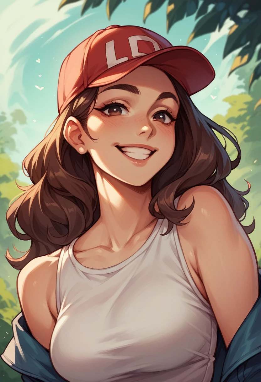 beautiful brunette woman with red cap smiling.
