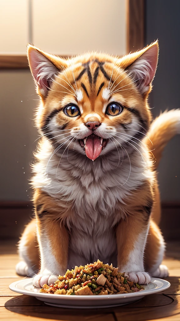 Highest quality, High resolution, 1 kitten, Shiba Inu, whole body, look up, looking at the camera, Bright lighting, Dripping a lot of saliva, Drooling, Stringy saliva, Open your mouth, Sticking out tongue, Saliva, eat, meal, bait, feed, sit,