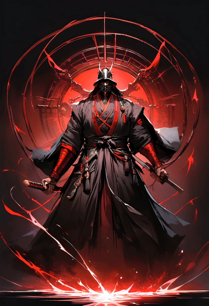 samurai in dark clothes, theft components, with a sword shining red, facing the front, darkness background, realisitic,