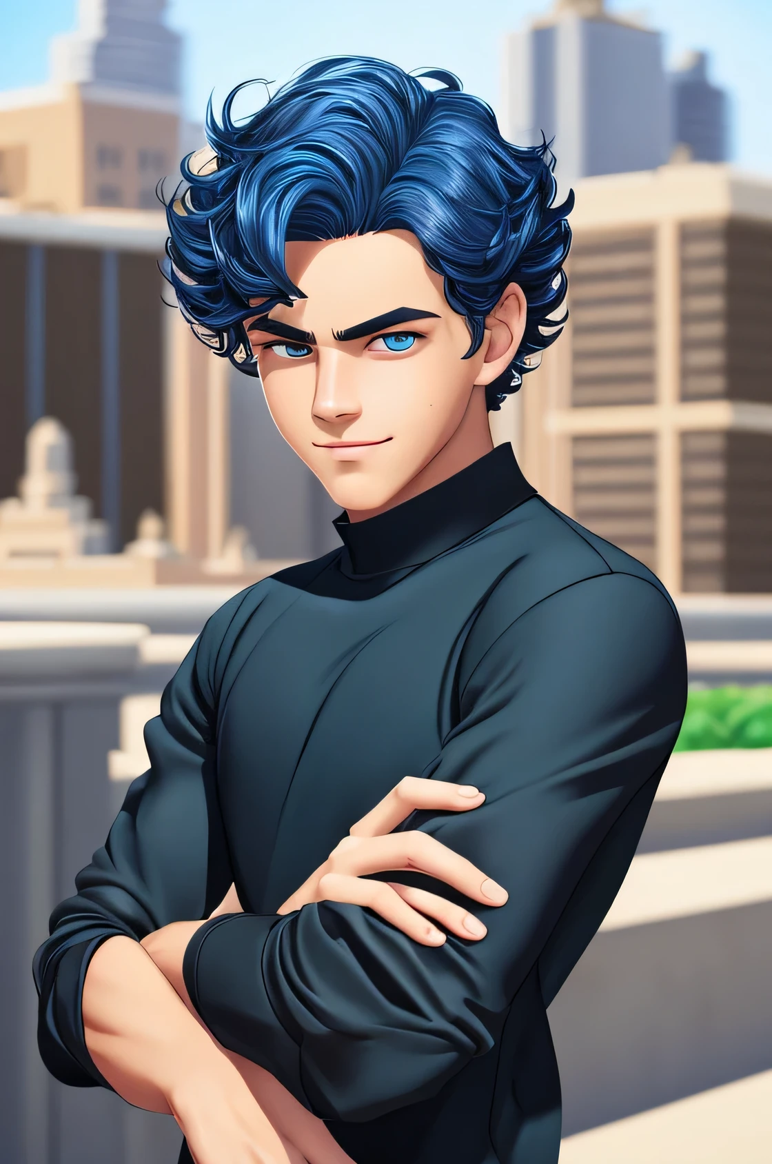 Masterpiece, best quality, 1boy, solo, male, teenager, boy, ************, deep blue hair, cute, tall, handsome, perfect face, deep blue eyes, curly hair style, oval shaped eyes, green eyes, clever eyes, shiny eyes, small nose, thin lips, detailed face, standing, confirmed pose, half smiling, wearing black shirt, tight black shirt, sleeves up, half body,portrait style,looking at viewer, city in background, light and shadow, Disney style, miraculous ladybug style, digital painting, zagtoon style