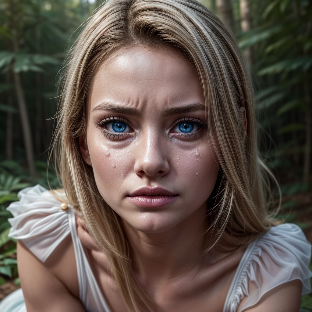 ultra realistic professional face camera((( sad))) (photo 1028k qhd) by (James C. Christensen:1.2|Jeremy Lipking:1.1), (Dittmann Anna:0.3), (jiner:0.3), (mise au point nette:1.3) lndswgnr,High detail, instagram top model,, beautiful detailed ice baby blue eyes, 64k eyes,(eye makeup:1.2) sleeping Pose of the Instagram model, perfect button nose, attractive lip shape has an upper-to-lower lip ratio of 1:2, perfect ivory skin confiant, (((anatomycally perfect 25 old ladie hand,finger, nail))),fille en forme Fille maigre et sexy, breast:1.2, anatomie parfaite, Perfect symmetry:1.2, Realstic position, realistic and gorgeous face:1.2, perfect face, highly detailled, confident, ighting cinematic, Lighting scene, soft lights, instagram standing pose (((ice baby blue eyes, Fille maigre et sexy, breast:1.2 perfect charming face, attractive lip and nose, wearing white dress and sitting in amidst of forest, want to cry sad and devastated