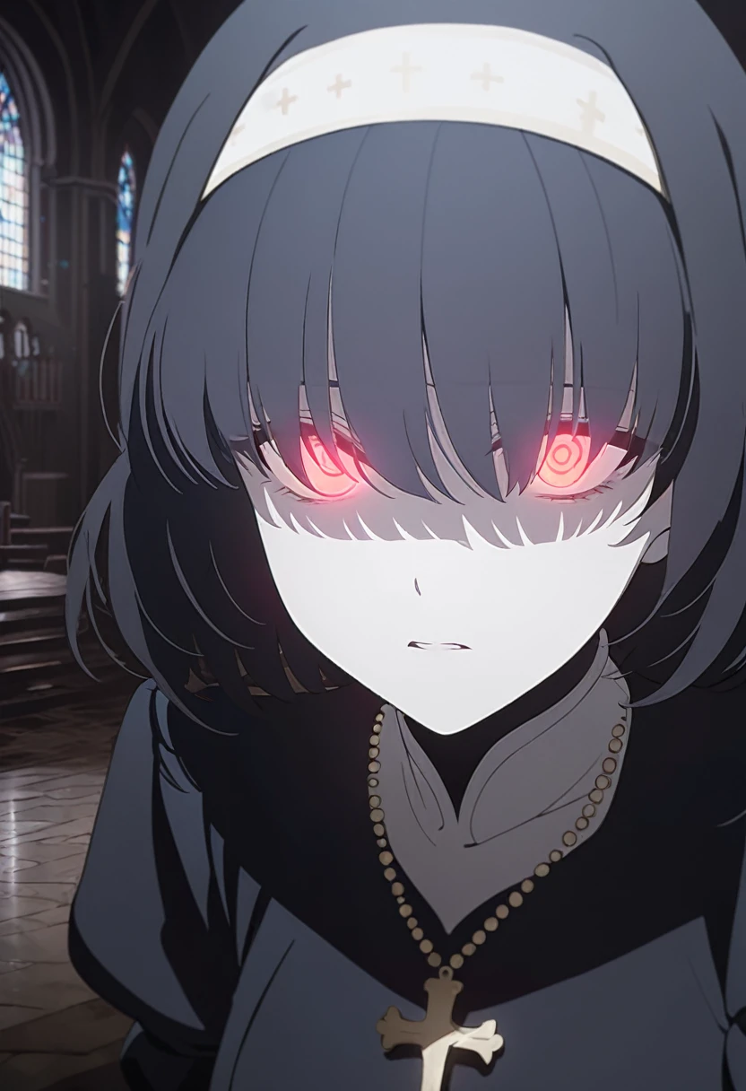 1girl, nun, cross, cross necklacke, jewelry, black hair, turquoise bangs, very short hair, hair over eyes, pale skin, ((yellow eyes)), ((glowing eyes)), black dress, church, serious, staring, onryo, horror scene, (masterpiece), best quality, anime style,