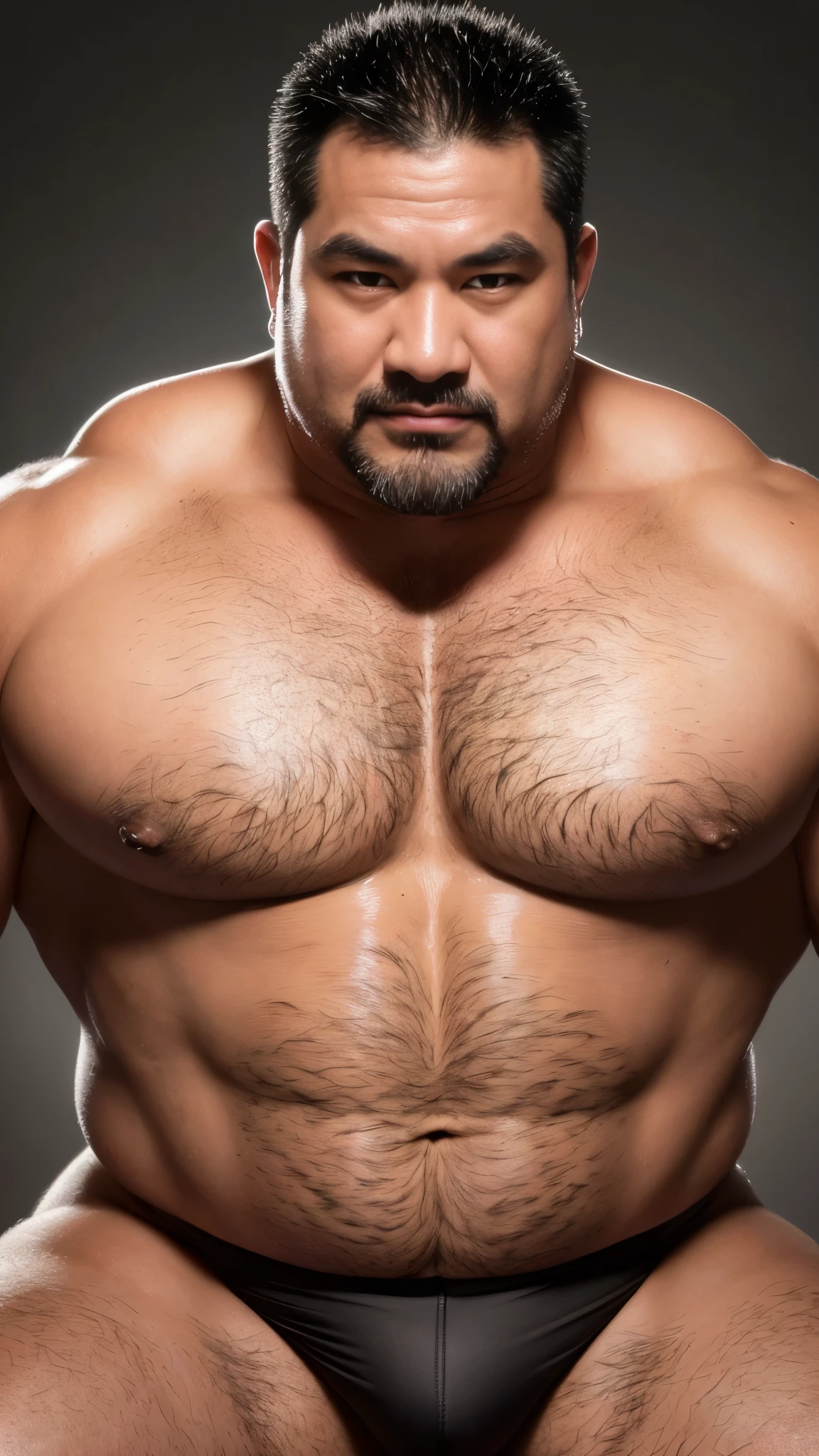 black hair, middle-aged man, individual, male, Muscular wrestler, muscular, Stout wrestler, Asian, Japanese, uncle, 55 year old middle-aged man, short hair, short hair, red wrestling boots, full body portrait, shadow, Vision, red briefs, obesity, 45 years old, short beard, middle-aged man, tattoo, fingerless gloves, Wheat skin, shiny skin, dark skin, Show your pectoral muscles, sumo wrestler, bodybuilder, wide temples, Visible abdominal muscles, Smile, Fine hands, solid color background, pure white background, Surrealism, Panorama, 8k, super detail，