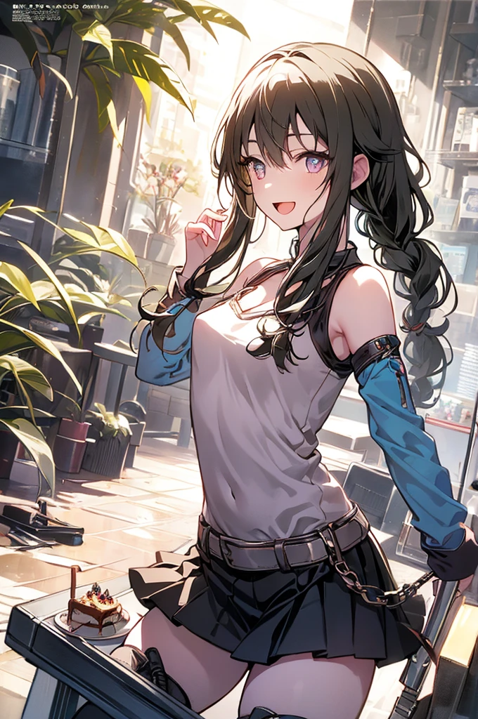 (small breasts:1.2), (perky chest:1.2), (pointed chest:1.2), (Pudding cake magazine cover:1.3),(from above:1.0),(shoot from the side:1.1),masterpiece, 1girl, Amazing Cleavage:1.1, thin waist, optimum,tmasterpiece,hight resolution,best qualtiy,hyper HD,super detailing,awardwinning,a 18yo cute girl,(The upper part of the body),anatomy correct,Beautiful Black miniskirt,garters,Gaze,Small face,bangss,holster,Beautuful Women,hands up,leg holster,Gaze,black boots,Cowboy Shot,cute face,a blond,Longhaire,Twin-tailed,Braids, Hairline,(scarlet eyes),long eyelasher,Hanging eye corners,White skin of the, ((see through camisole:1.1)), ((Sheer nipples:1.0)),Rocket Tits,(Slim body),smile,seductive weak smiling,(with sparkling eyes and a contagious smile),little open mouth, Looking at Viewer,
