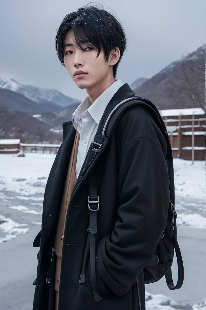 Messy short hair　male　Slender　He has an eyepatch over his right eye, but nothing over his left eye.　A Korean man with long eyelashes wearing a black duffle coat and carrying a backpack、Standing wistfully in the snowy landscape。　