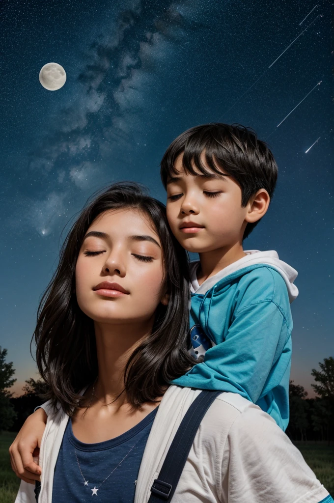 A girl sleeping on shoulders of boy and seeing the sky with moon and stars near the tree