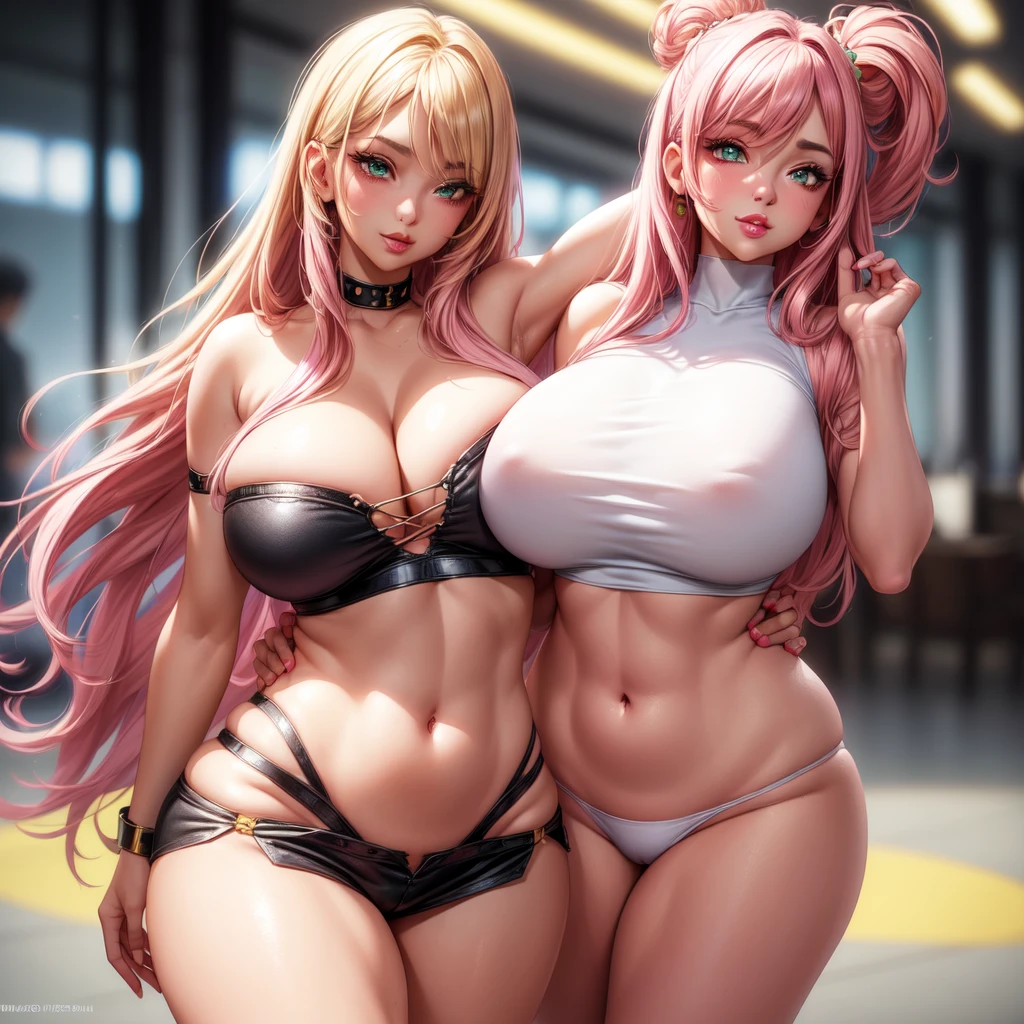 ((1 girls), solo, clevage, Big round breasts, trendy, stylish, clevage, thighs, hips, realistic, pink hair, blonde hair, light green eyes, lip gloss, detailed face, amazing big eyes, eye details, big lips, eyebrow details, pink mini skirt, crop top blush, confident, dominant, bdsm, smirk, naughty, mischevious face, HD, good quality, curvy, standing up, thick thighs, attractive, amazing body, perfect body, slim thick, indoors, bikini, armpits, clevage, revealing