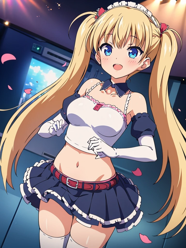 MLTD bg style, (best quality, 8K, masterpiece, HDR, ultra detailed:1.2), cinematic angle, (light particles, sparkle), lens flare, depth of field, bokeh,
1girl, white gloves, open mouth, microphone, short puffy sleeves, glowstick, smile, petals, maid headdress, frills, blush, solo, stage, white thighhighs, belt, hair bow, hair ribbon, medium breasts, idol, upper teeth only, looking away, aqua bow, frilled skirt, hair ornament, frilled dress, audience, solo focus, concert, zettai ryouiki, spotlight, stage lights, shiny hair, looking afar, buckle, belt buckle, elbow gloves, wing collar, jewelry, petticoat, navel, NSFW