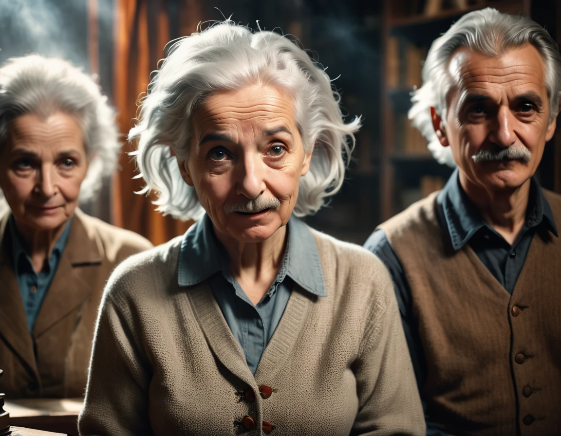 3 elderly people, one being Albert Einstein, foreboding windows shrouded in mist, casting an eerie, mystical ambiance, as if the shadows themselves are about to unfurl a sinister secret, with a warm, muted color palette of burnt oranges, faded golds, and dusty blues, evoking a sense of aged, forgotten knowledge, surrounded by scattered, dusty tomes and antique scientific instruments, bathed in a warm, soft focus glow., grey hair, white hair, angry, annoyed, light smile, angry, grin, closed mouth, smile, diagram, cowboy shot, wide shot, cinematic lighting, depth of field, high detail, 8k, best quality, award winning, high details, super detail, textured skin, anatomically correct, accurate, masterpiece, retina, UHD, 8k, 16k, high details, high quality, super detail, textured skin, retina, UHD