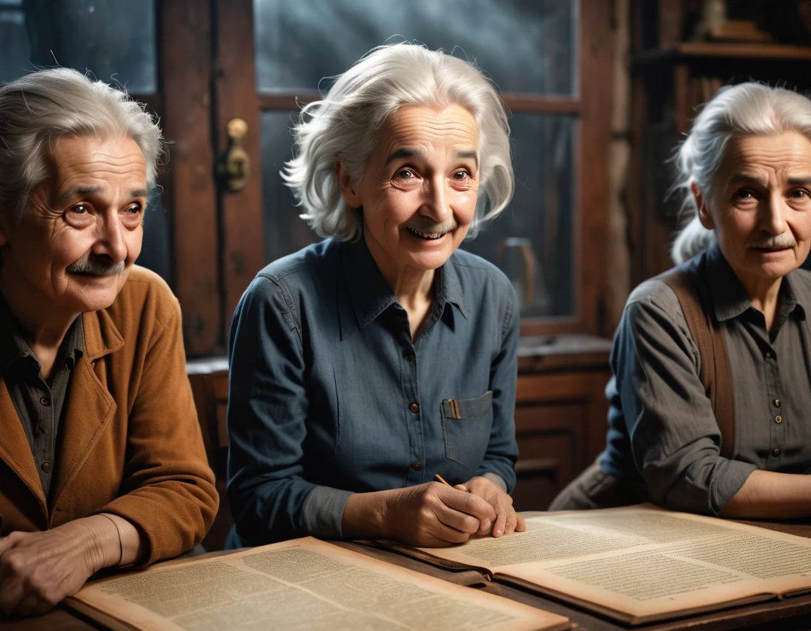 3 elderly people, one being Albert Einstein, foreboding windows shrouded in mist, casting an eerie, mystical ambiance, as if the shadows themselves are about to unfurl a sinister secret, with a warm, muted color palette of burnt oranges, faded golds, and dusty blues, evoking a sense of aged, forgotten knowledge, surrounded by scattered, dusty tomes and antique scientific instruments, bathed in a warm, soft focus glow., grey hair, white hair, angry, annoyed, light smile, angry, grin, closed mouth, smile, diagram, cowboy shot, wide shot, cinematic lighting, depth of field, high detail, 8k, best quality, award winning, high details, super detail, textured skin, anatomically correct, accurate, masterpiece, retina, UHD, 8k, 16k, high details, high quality, super detail, textured skin, retina, UHD