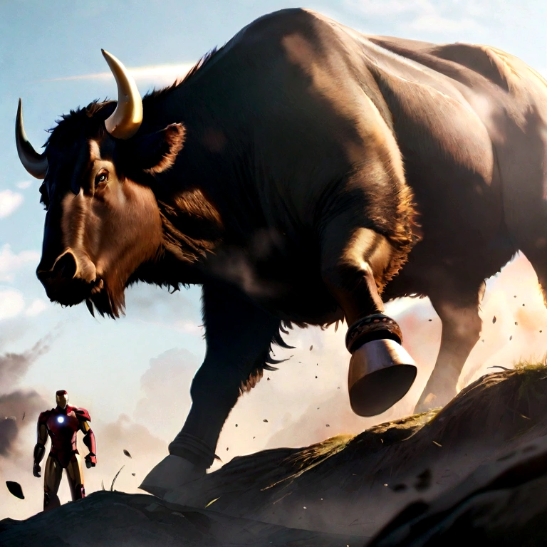 Iron Man rides a buffalo