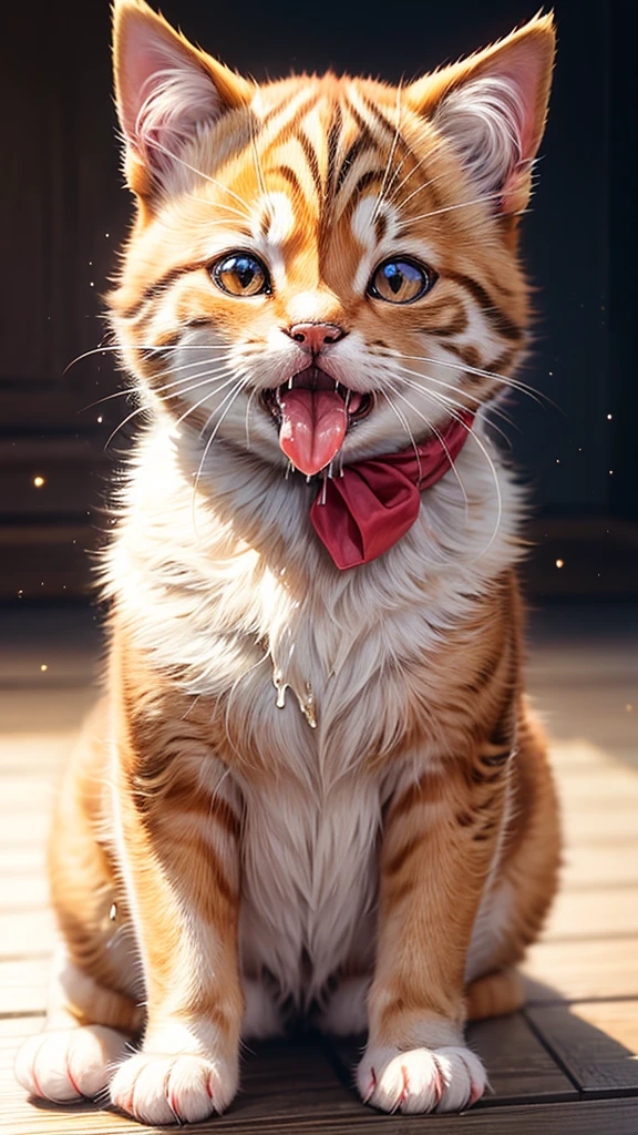 Highest quality, High resolution, 1 kitten, Shiba Inu, whole body, look up, looking at the camera, Bright lighting, Dripping a lot of saliva, Drooling, Stringy saliva, Open your mouth, Sticking out tongue, Saliva, eat, meal, bait, feed, sit,