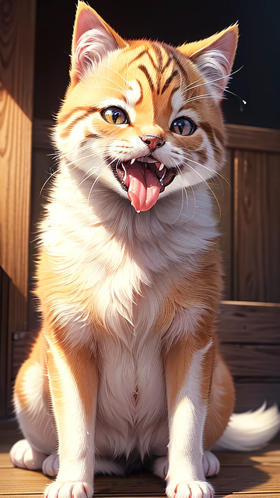 Highest quality, High resolution, 1 kitten, Shiba Inu, whole body, look up, looking at the camera, Bright lighting, Dripping a lot of saliva, Drooling, Stringy saliva, Open your mouth, Sticking out tongue, Saliva, eat, meal, bait, feed, sit,