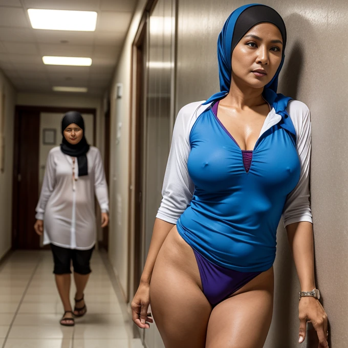 2woamn lesbian kisse Bikini huge 52 years Old, Hijab Indonesian mature woman, Big : 96.9, Long-sleeveles Shirt, Slim body, Breast about To burst out, at School Corridor, Bright light, at Daytime