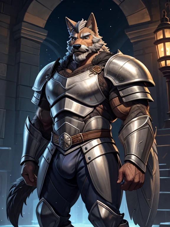 burly virile hairy man, with two wolf ears and a bushy tail, in a suit of armor, middle-aged, hirsute, overmuscular and musclebound, bulging veiny muscles, a warrior's build, a bodybuilder's physique, long bushy and a thick mustache, a square jaw, handsome and dreamy, grey hair, a knight clad in full armor