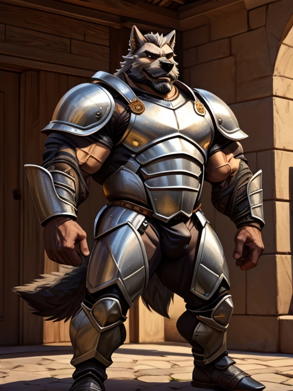 burly virile hairy man, with two wolf ears and a bushy tail, in a suit of armor, middle-aged, hirsute, overmuscular and musclebound, bulging veiny muscles, a warrior's build, a bodybuilder's physique, long bushy and a thick mustache, a square jaw, handsome and dreamy, grey hair, a knight clad in full armor