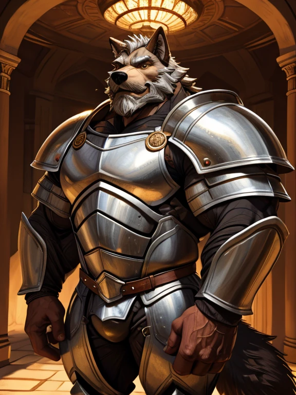 burly virile hairy man, with two wolf ears and a bushy tail, in a suit of armor, middle-aged, hirsute, overmuscular and musclebound, bulging veiny muscles, a warrior's build, a bodybuilder's physique, long bushy and a thick mustache, a square jaw, handsome and dreamy, grey hair, a knight clad in full armor