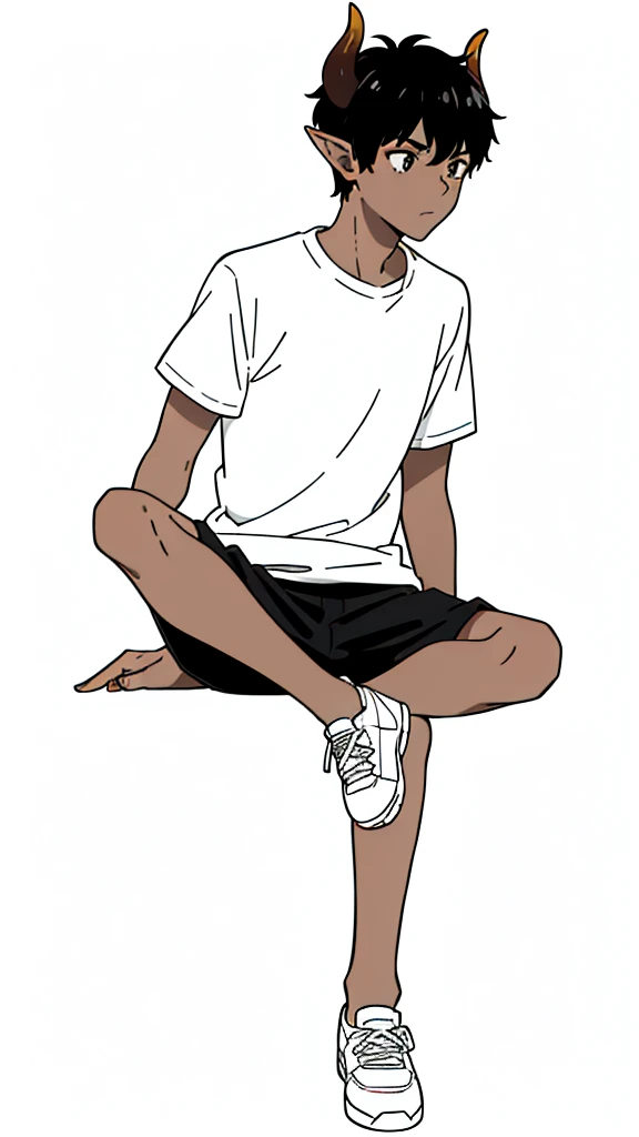 (1boy,15 years old,solo),((dark skin)),((white shirt,short sleeves,black shorts)),Short hair,black hair,elf ears,(horns),(white background,line drawing),pants,sitting,full body