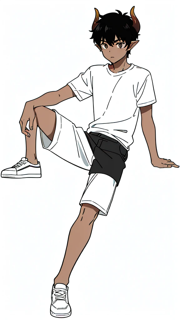(1boy,,solo),((dark skin)),((white shirt,short sleeves,black shorts)),Short hair,black hair,elf ears,(horns),(white background,line drawing),pants,sitting,full body