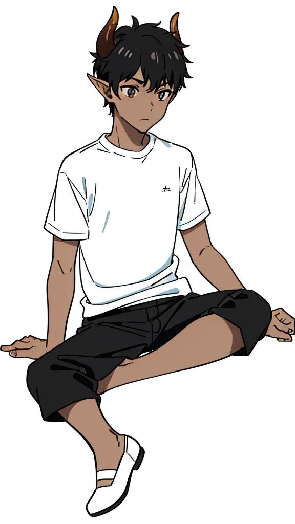 (1boy,s old,solo),((dark skin)),((white shirt,short sleeves,black shorts)),Short hair,black hair,elf ears,(horns),(white background,line drawing),pants,sitting,full body