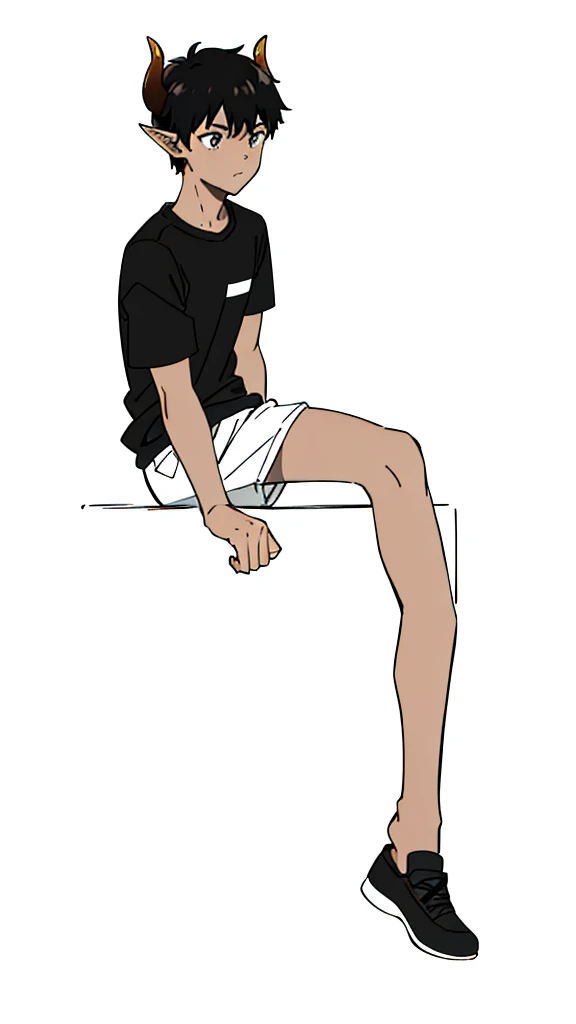 (1boy,15 years old,solo),((dark skin)),((white shirt,short sleeves,black shorts)),Short hair,black hair,elf ears,(horns),(white background,line drawing),pants,sitting,full body