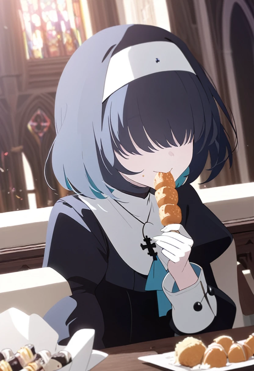 1girl, nun, cross, cross necklacke, jewelry, black hair, turquoise bangs, very short hair, hair over eyes, pale skin, turquoise eyes, black dress, church, smile, eating oden, on table, (masterpiece), best quality, anime style,
