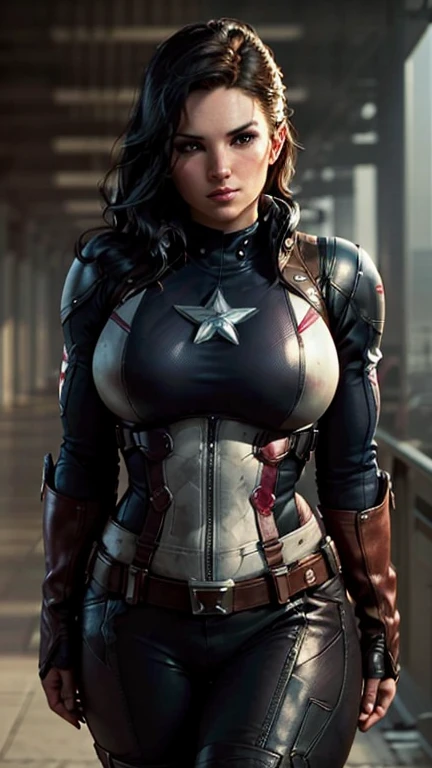 Gina Carano plays Captain America，skyscrapper，（Inspired by Mass Effect），Captain America suit，Security level，Hypertrophic breasts，fat hips，Leather pants wrapped around the hips，Leather garment wrapped around the chest，（8K，photo RAW，photorrealistic：1，25），（Excessive lip gloss，Very many eyelashes，best qualityer，Ultra-high resolution，depth of fields，color difference，Wide light，Natural Color，Distant pictures（1：2）