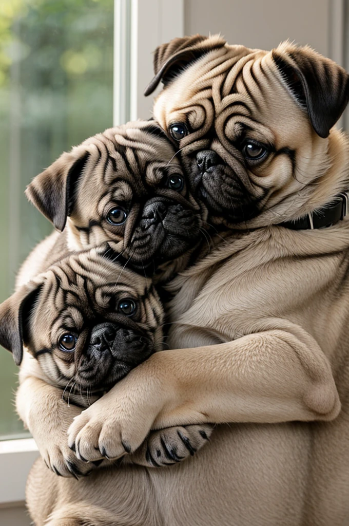 A small cat with gray fur color and black stripes and green eyes hugging a pug dog
