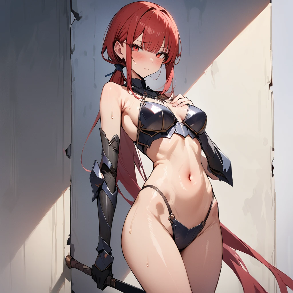 ((masterpiece,Highest quality:1.3)),cowboy shot,1woman,30 year old beauty,((very small head:1.2)),red hair,long hair,low ponytail,blunt bangs,red eyes,gorgeous eyes,medium breasts,((very long body:1.2)),((toned body,slender body,skinny)),gleaming skin,shiny skin,sweat,iron bikini armor、Iron Gauntlet、navel,Holding a sword、An accurate depiction of a knight&#39;s sword、Sword Fighting、prairie、A large group of knights fighting in the background、Medieval Europe、