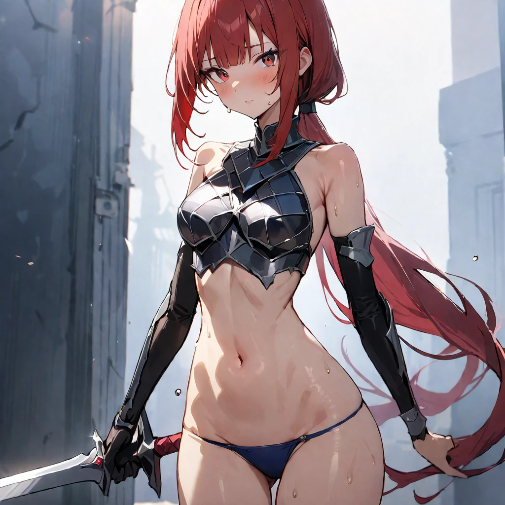 ((masterpiece,Highest quality:1.3)),cowboy shot,1woman,30 year old beauty,((very small head:1.2)),red hair,long hair,low ponytail,blunt bangs,red eyes,gorgeous eyes,medium breasts,((very long body:1.2)),((toned body,slender body,skinny)),gleaming skin,shiny skin,sweat,iron bikini armor、Iron Gauntlet、navel,Holding a sword、An accurate depiction of a knight's sword、Sword Fighting、prairie、A large group of knights fighting in the background、Medieval Europe、