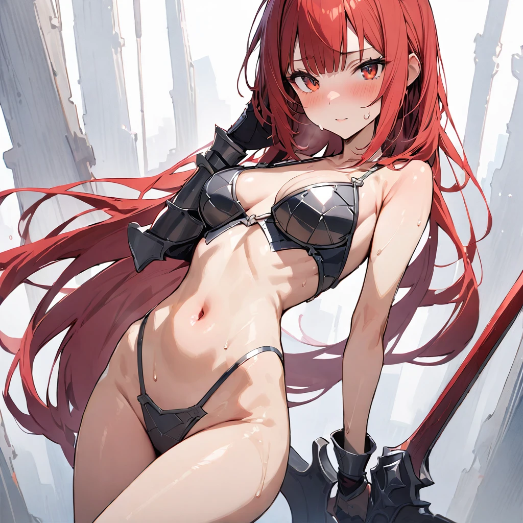 ((masterpiece,Highest quality:1.3)),cowboy shot,1woman,30 year old beauty,((very small head:1.2)),red hair,long hair,low ponytail,blunt bangs,red eyes,gorgeous eyes,medium breasts,((very long body:1.2)),((toned body,slender body,skinny)),gleaming skin,shiny skin,sweat,iron bikini armor、Iron Gauntlet、navel,Holding a sword、An accurate depiction of a knight&#39;s sword、Sword Fighting、prairie、A large group of knights fighting in the background、Medieval Europe、