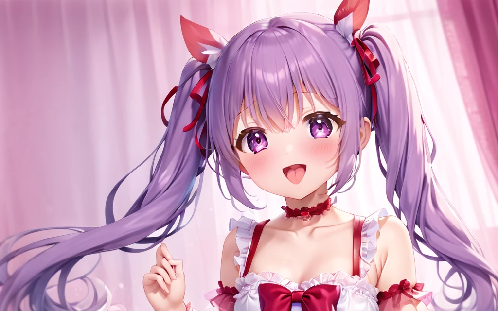 woman、、Light purple long twin tails、Brown Skin、height: 145cm、Bust: 98cm、Waist: 72cm、Hips 88cm、eyes drooping slightly、Sexy pink sheer panties、Red Garter Belt、Red Stockings、She has her tongue out and an ecstatic look on her face, Feel joy.