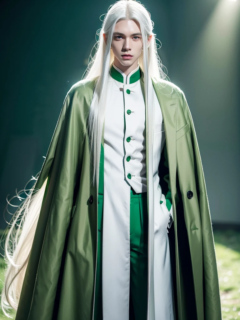 A young man with long white hair, green eyes and pale skin in green coat, thin body, slender proportions, realistic, sad