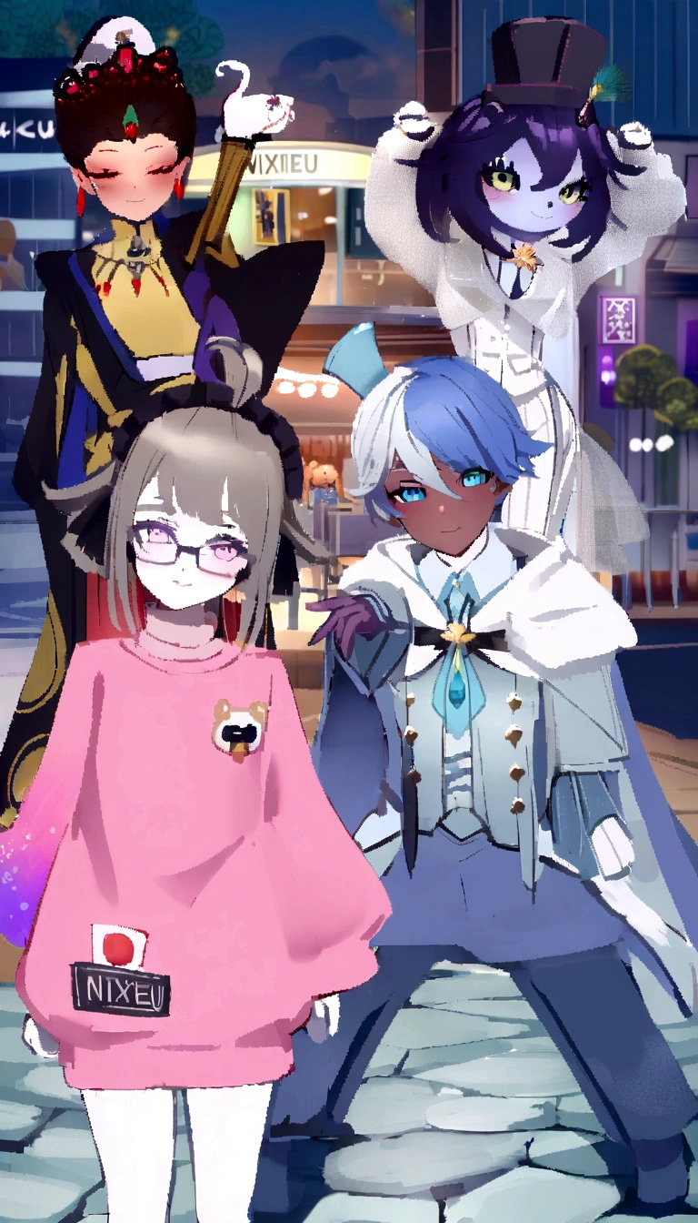 three anime characters in a city with a building in the background, ((wearing aristocrat robe)), wearing fancy clothes, lunar themed attire, jrpg fashion, dapper dream demon, nixeu and sakimichan, 8k!, 8k!!, fursona wearing stylish clothes, live2d virtual youtuber model, clothes themed on a peacock mage