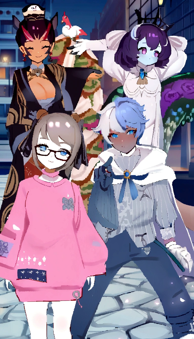 three anime characters in a city with a building in the background, ((wearing aristocrat robe)), wearing fancy clothes, lunar themed attire, jrpg fashion, dapper dream demon, nixeu and sakimichan, 8k!, 8k!!, fursona wearing stylish clothes, live2d virtual youtuber model, clothes themed on a peacock mage