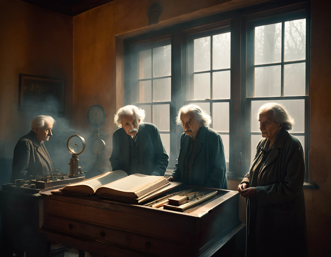 3 elderly people, one being Albert Einstein, foreboding windows shrouded in mist, casting an eerie, mystical ambiance, as if the shadows themselves are about to unfurl a sinister secret, with a warm, muted color palette of burnt oranges, faded golds, and dusty blues, evoking a sense of aged, forgotten knowledge, surrounded by scattered, dusty tomes and antique scientific instruments, bathed in a warm, soft focus glow.
