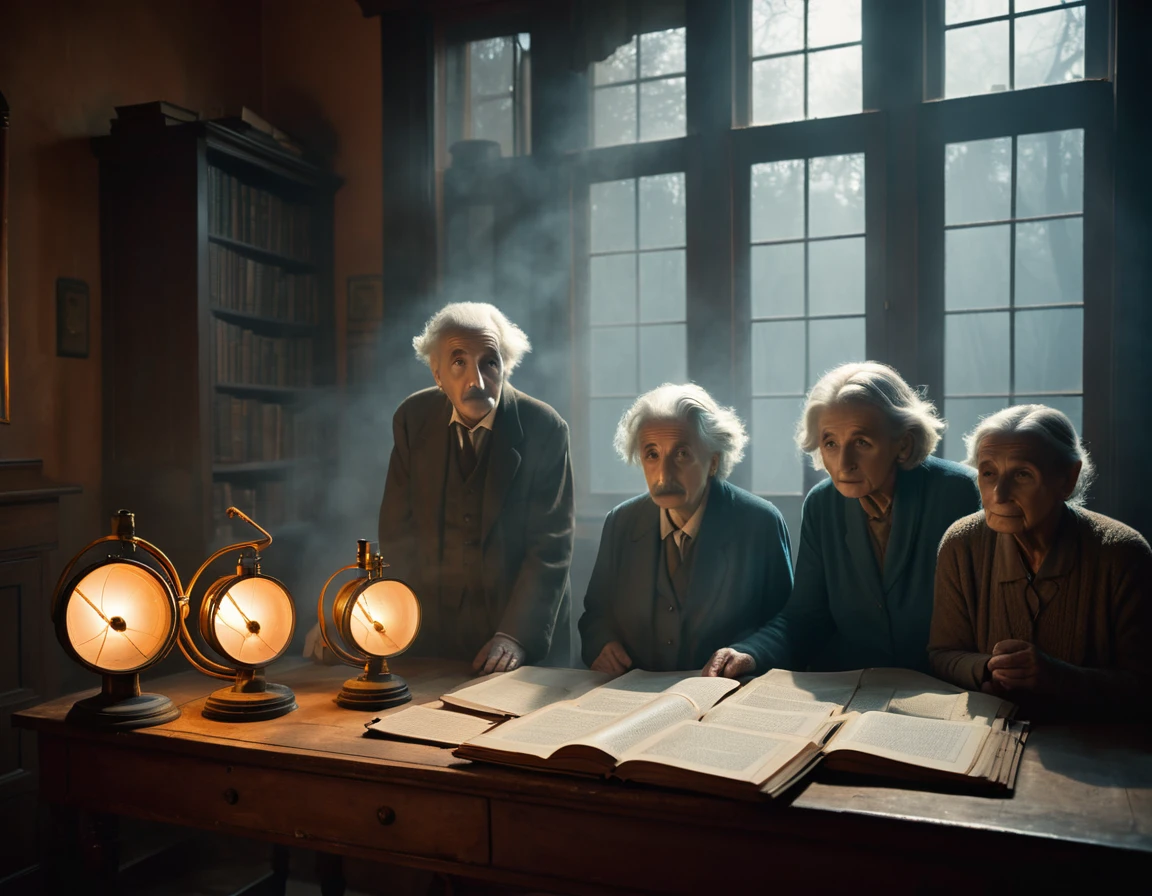 3 elderly people, one being Albert Einstein, foreboding windows shrouded in mist, casting an eerie, mystical ambiance, as if the shadows themselves are about to unfurl a sinister secret, with a warm, muted color palette of burnt oranges, faded golds, and dusty blues, evoking a sense of aged, forgotten knowledge, surrounded by scattered, dusty tomes and antique scientific instruments, bathed in a warm, soft focus glow.