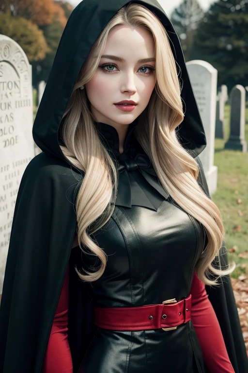 Realistic woman with long blond wavy hair, with green eyes, half of her skeleton face She wears a black cape with a hood, and a red dress She is in the cemetery Realistic image