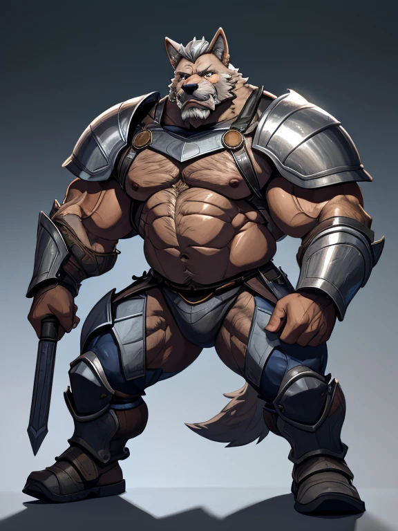 burly virile hairy man, with two wolf ears and a bushy tail, in a suit of armor, middle-aged, hirsute, overmuscular and musclebound, bulging veiny muscles, a warrior's build, a bodybuilder's physique, long bushy and a thick mustache, a square jaw, handsome and dreamy, grey hair, a knight clad in full armor