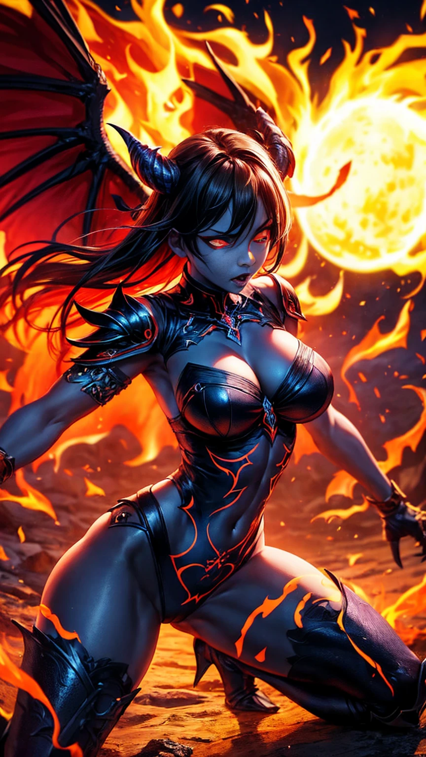 girl, demoness warrior, comprised of Antikythera mechanisms, dark, foreboding, dynamic action, dynamic motion, crouching, evil look, sexy, busty, sheer lowleg panties, curvy hips, claws, fangs, wings, busty, demon tail, demon bone armor, facepaint, bodypaint, red glowing eyes, combat stance, vibrant appearance, creative behavior, imaginative, sensual, spontaneous, highest quality, skin texture, intricate details, (cinematic lighting), RAW photo, 8k, under moonlight, nightmarish, full moon, firestorm, debris