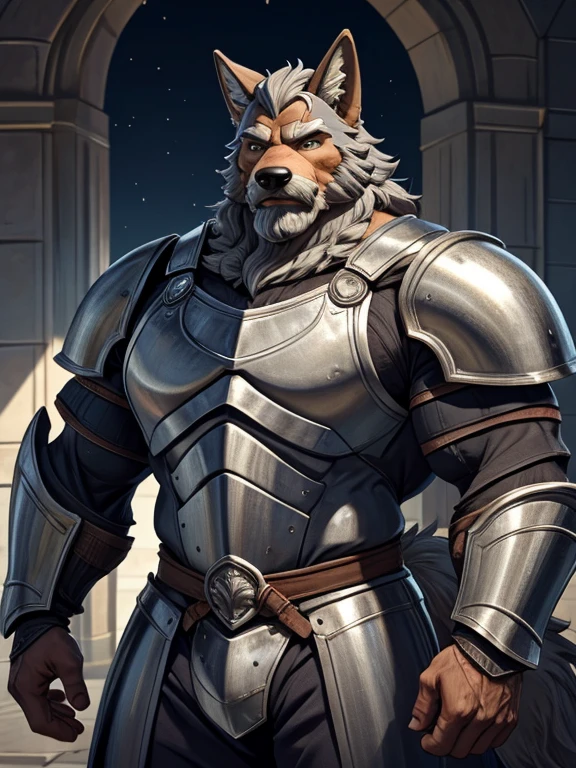 burly virile hairy man, with two wolf ears and a bushy tail, in a suit of armor, middle-aged, hirsute, overmuscular and musclebound, bulging veiny muscles, a warrior's build, a bodybuilder's physique, long bushy and a thick mustache, a square jaw, handsome and dreamy, grey hair, a knight clad in full armor