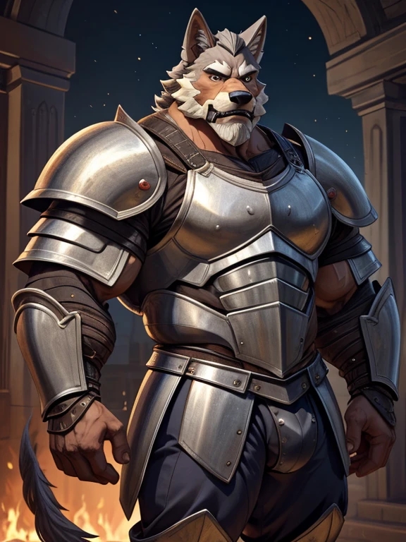burly virile hairy man, with two wolf ears and a bushy tail, in a suit of armor, middle-aged, hirsute, overmuscular and musclebound, bulging veiny muscles, a warrior's build, a bodybuilder's physique, long bushy and a thick mustache, a square jaw, handsome and dreamy, grey hair, a knight clad in full armor