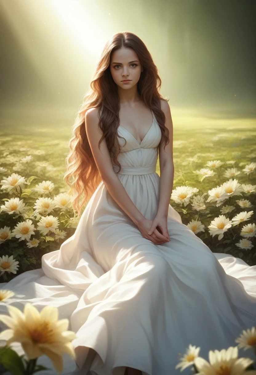 1girl, nude, porcelain skin, long flowing hair, sitting in field of flowers, natural sunlight, serene expression, ultra-realistic, 8k, high quality, masterpiece, cinematic lighting, vibrant colors, photorealistic, detailed facial features, delicate hands, flowing dress, soft focus background