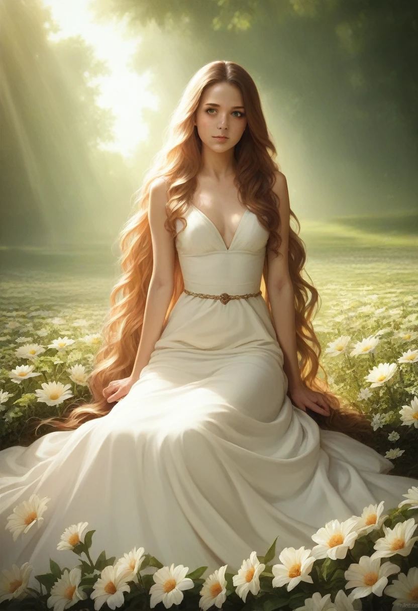 1girl, nude, porcelain skin, long flowing hair, sitting in field of flowers, natural sunlight, serene expression, ultra-realistic, 8k, high quality, masterpiece, cinematic lighting, vibrant colors, photorealistic, detailed facial features, delicate hands, flowing dress, soft focus background