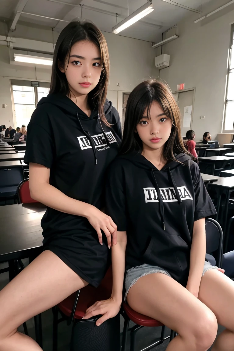 deux femmes ensemble de 18 ans sexy et mince , black short sleeve hoodie , salle de classe, se touche,position sey,sensuel