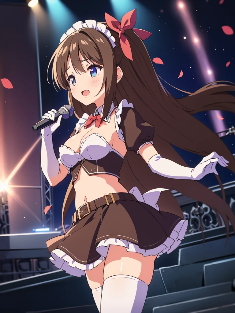 MLTD bg style, (best quality, 8K, masterpiece, HDR, ultra detailed:1.2), cinematic angle, (light particles, sparkle), lens flare, depth of field, bokeh,
1girl, white gloves, open mouth, microphone, short puffy sleeves, glowstick, smile, petals, maid headdress, frills, blush, solo, stage, white thighhighs, belt, hair bow, hair ribbon, medium breasts, idol, upper teeth only, looking away, aqua bow, frilled skirt, hair ornament, frilled dress, audience, solo focus, concert, zettai ryouiki, spotlight, stage lights, shiny hair, looking afar, buckle, belt buckle, elbow gloves, wing collar, jewelry, petticoat, navel, NSFW